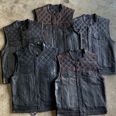 6671.14 - Unik Mens Premium Leather Diamond Stitch Club Vest