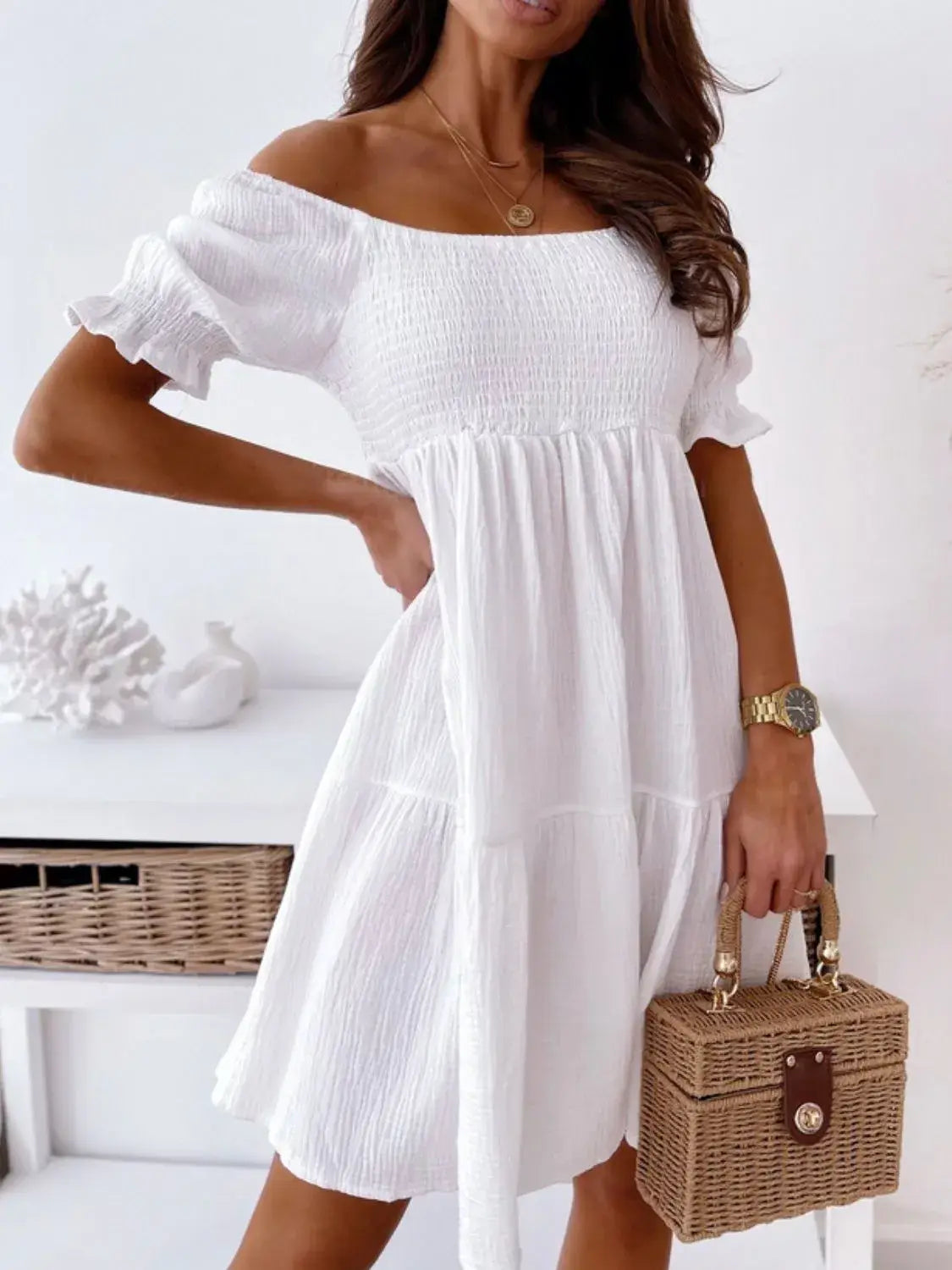 Smocked Off-Shoulder Mini Dress - Trendsi - Flyclothing LLC