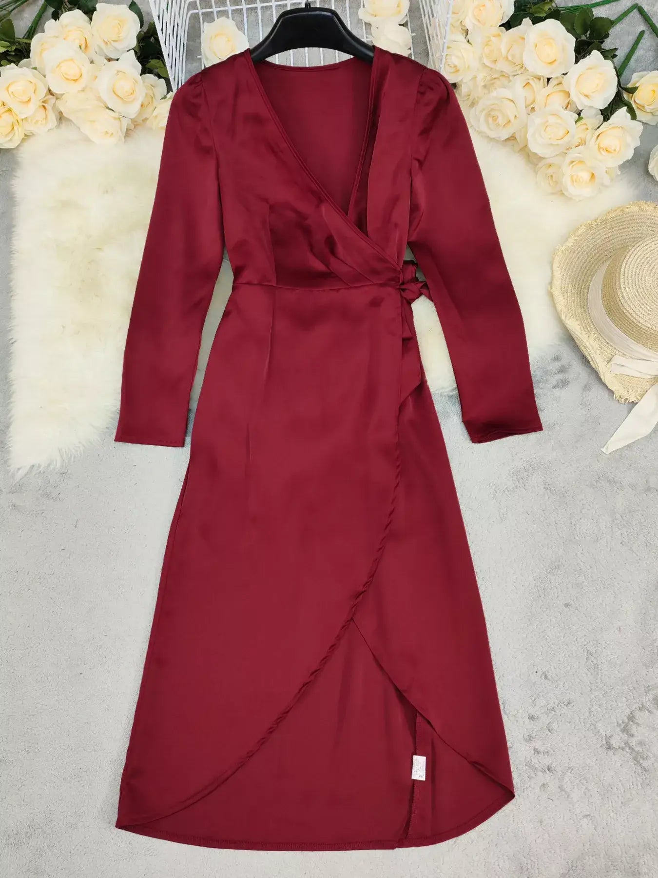 Surplice Satin Long Sleeve Dress - Trendsi - Flyclothing LLC