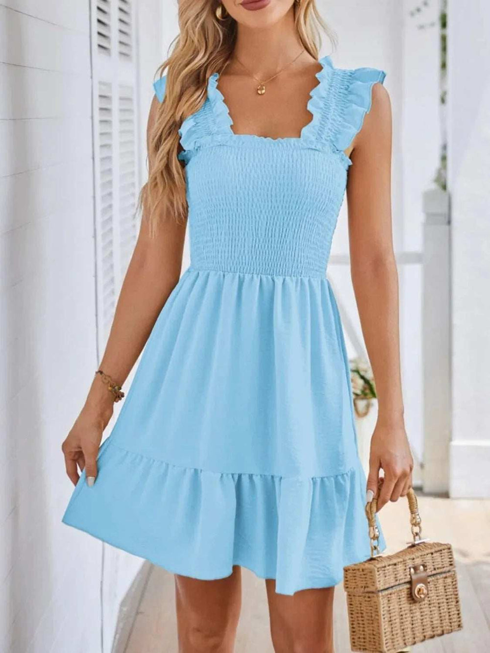 Smocked Square Neck Wide Strap Dress - Trendsi - Flyclothing LLC
