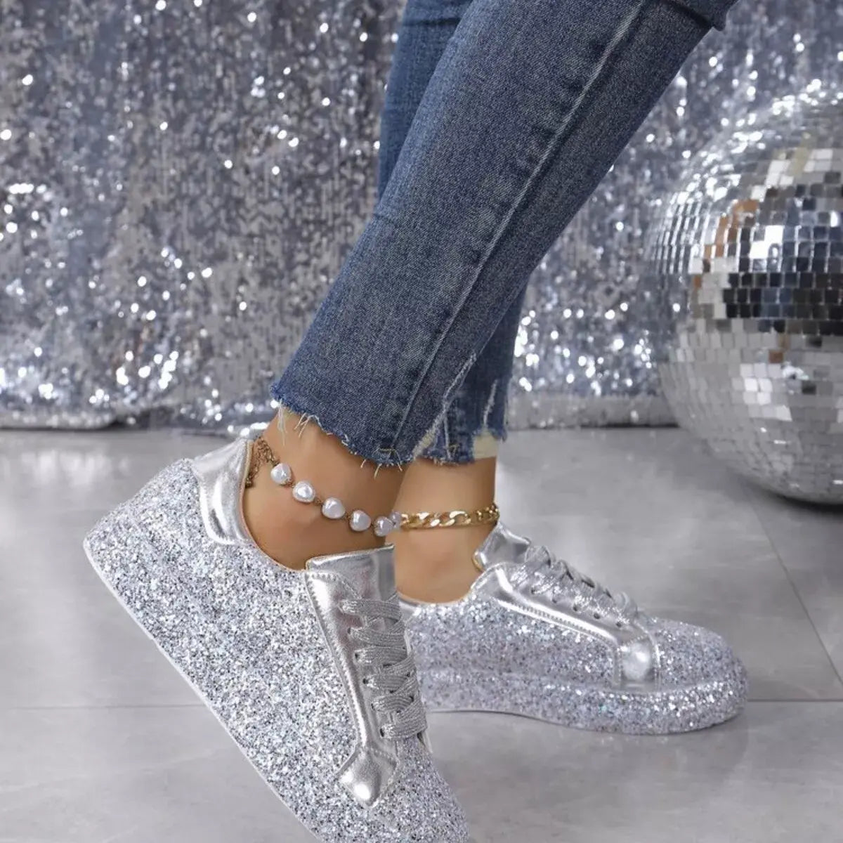 Sparkling Lace Up Sneakers - Trendsi - Flyclothing LLC