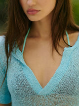 Notched Short Sleeve Knit Top - Trendsi - Flyclothing LLC