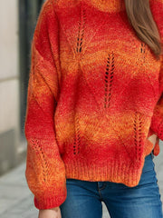 Openwork Round Neck Long Sleeve Sweater - Trendsi