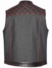 Unik International Mens Denim Black/Red Leather Club Vest