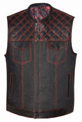 Unik International Mens Denim Black/Red Leather Club Vest