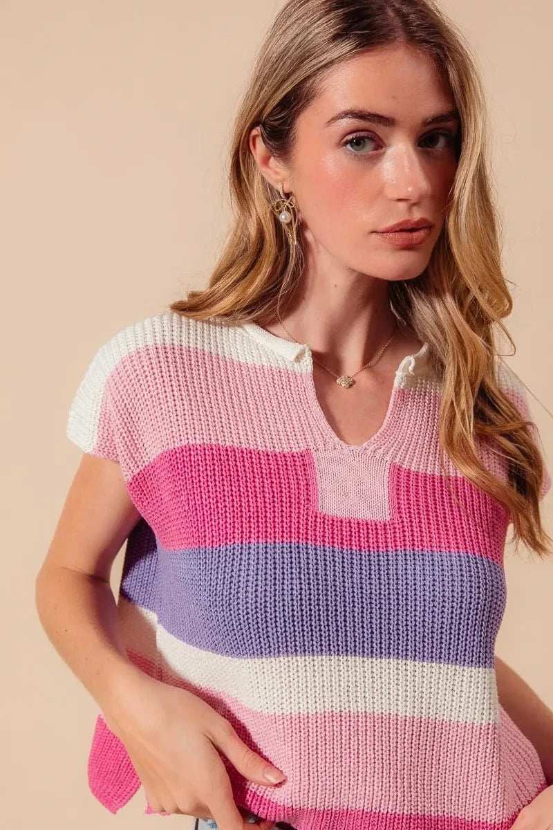 SO ME Multi Color Stripe Loose Fit Cap Sleeve Sweater Top - Trendsi - Flyclothing LLC