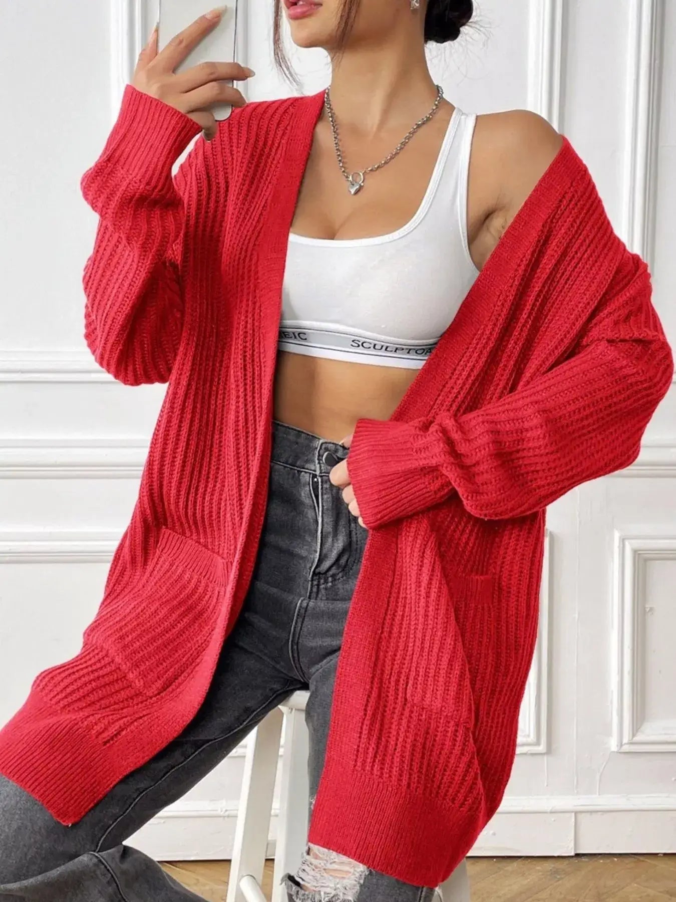 Open Front Drop Shoulder Cardigan - Trendsi - Flyclothing LLC