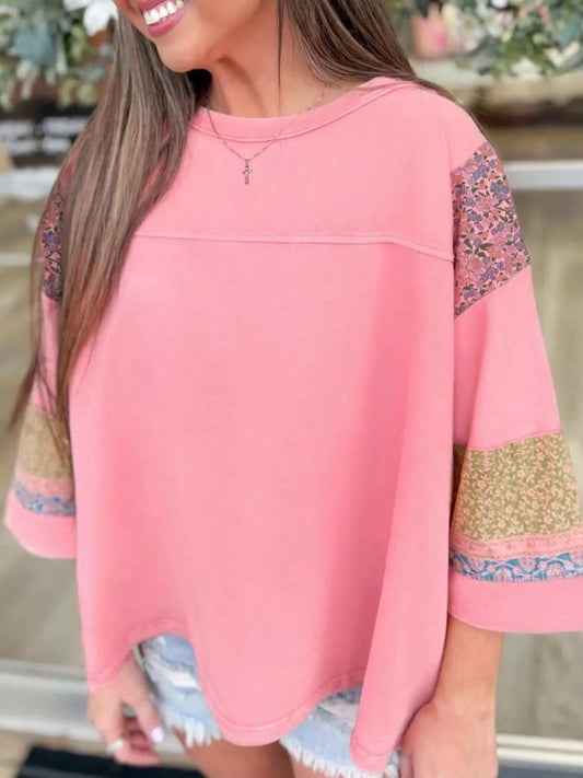Floral Color Block Patchwork Long Sleeve Top - Trendsi - Flyclothing LLC