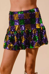 SO ME Mardi Gras Checker Sequins Mini Skirt - Trendsi - Flyclothing LLC