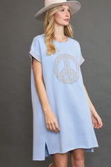 Umgee Peace Plaid Applique Short Sleeve Mini Dress - Trendsi - Flyclothing LLC