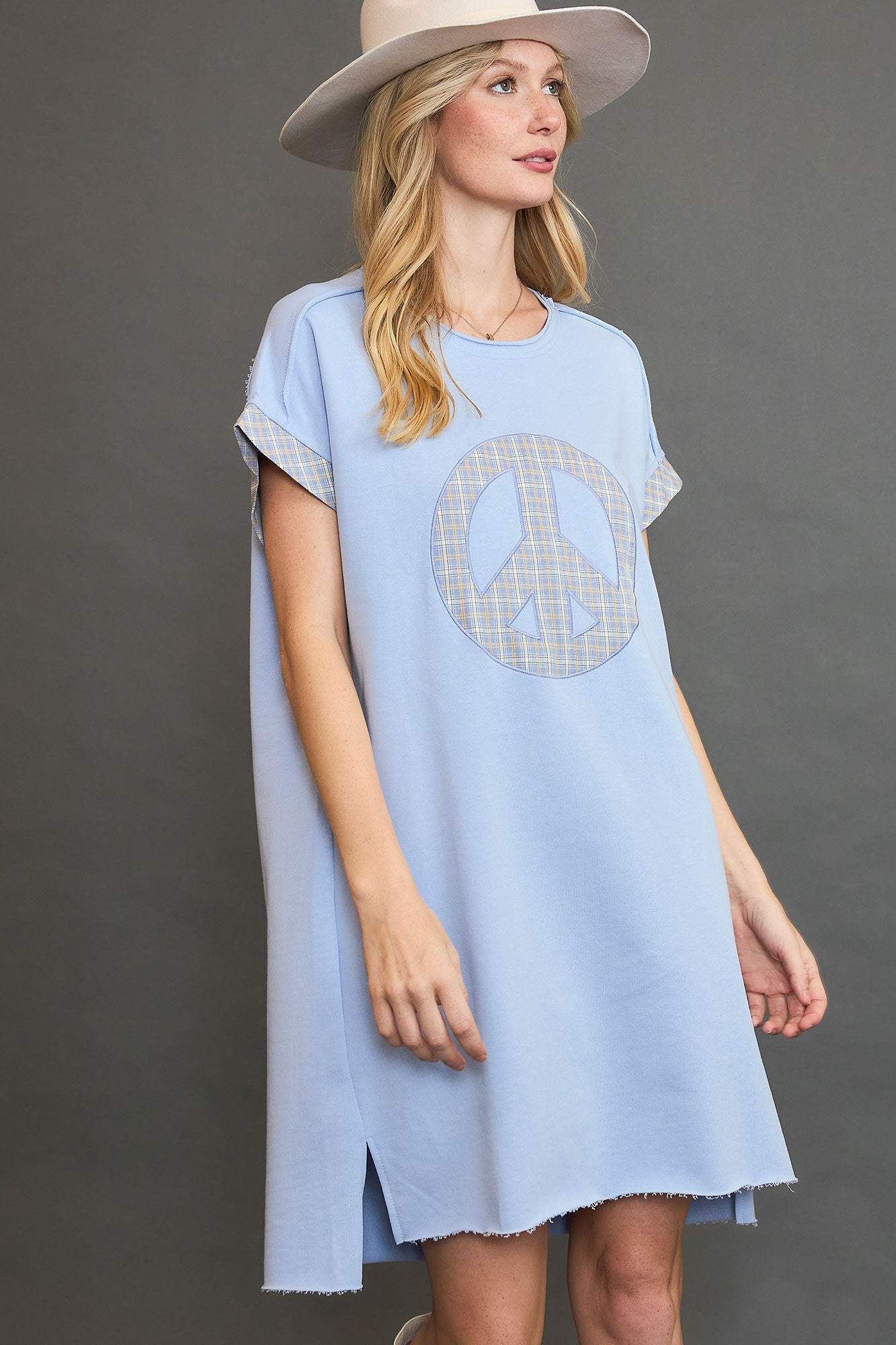 Umgee Peace Plaid Applique Short Sleeve Mini Dress - Trendsi - Flyclothing LLC