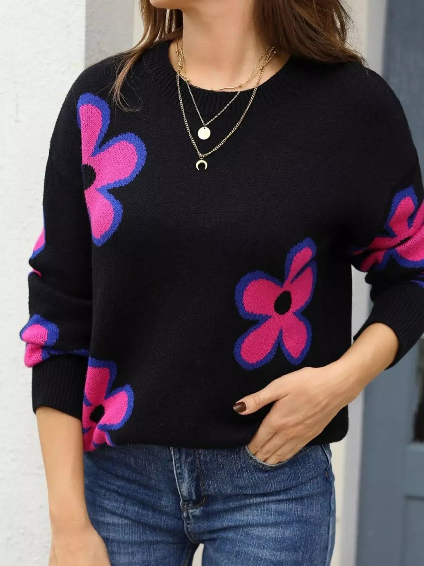 Floral Crew Neck Sweater - Trendsi - Flyclothing LLC
