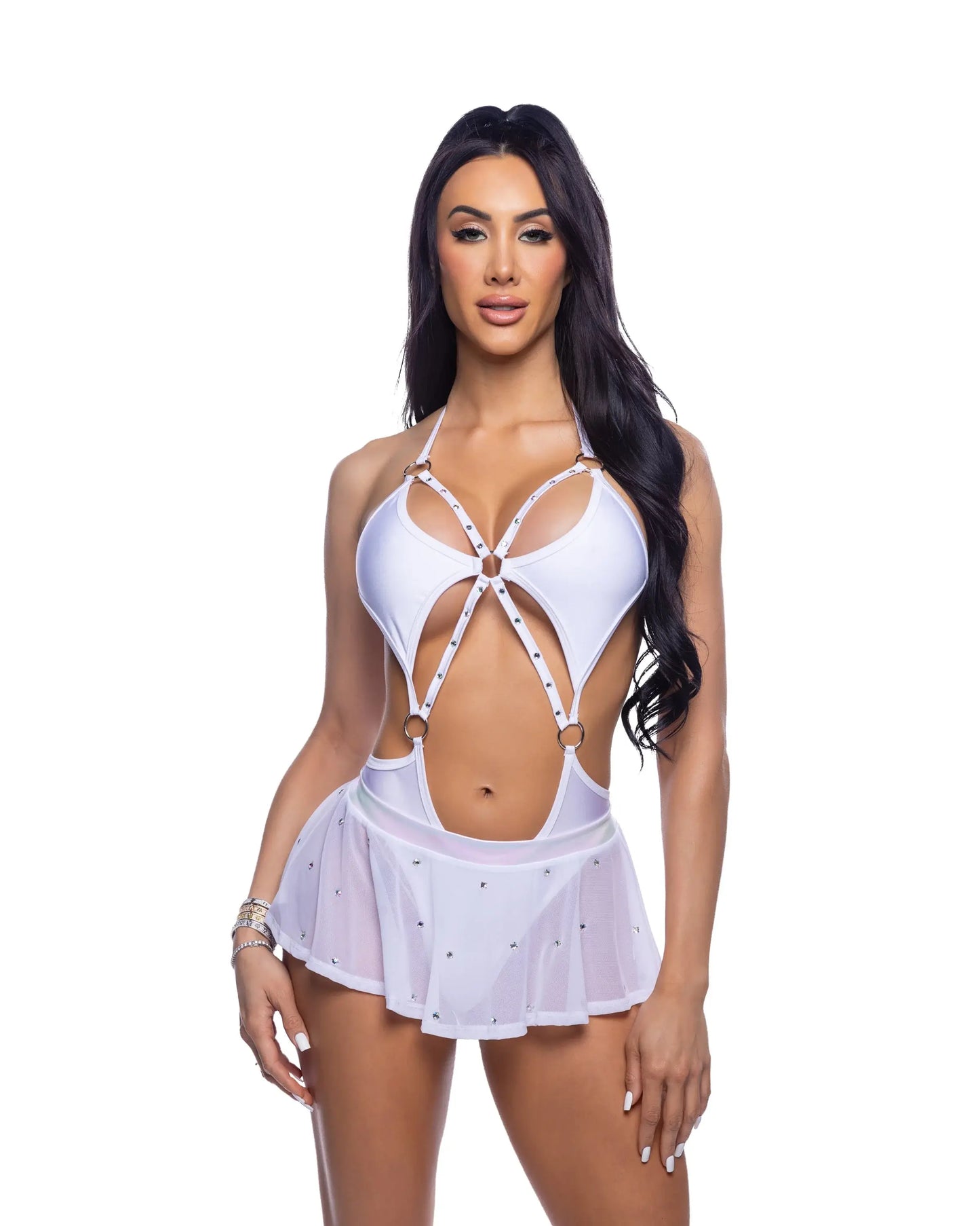 6668 - Bedazzled Mesh Mini Skirt with Rhinestone Detail - J. Valentine - Flyclothing LLC