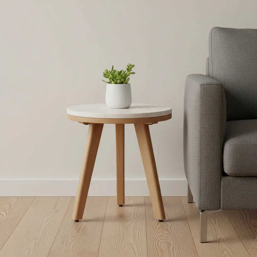 16" Beige and Natural Stone and Solid Wood Round Outdoor Side Table - Homeroots - Flyclothing LLC