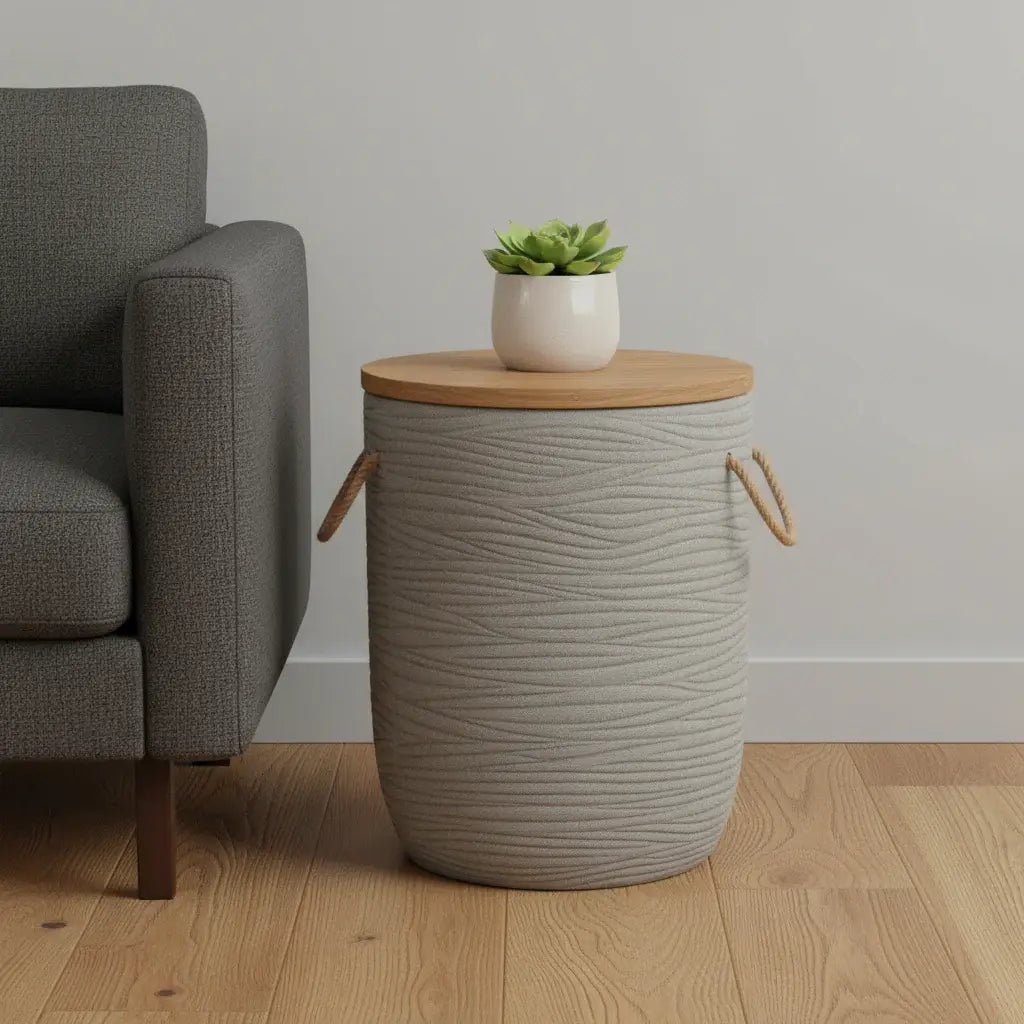 14" Natural and Gray Solid Wood and Faux Concrete Round Outdoor Side Table - Homeroots - Flyclothing LLC