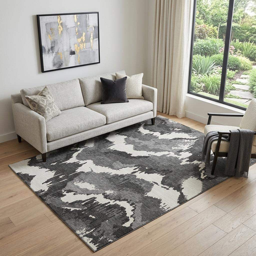 5' X 8' Black And Ivory Abstract Washable Area Rug With UV Protection - HomeRoots - Flyclothing LLC