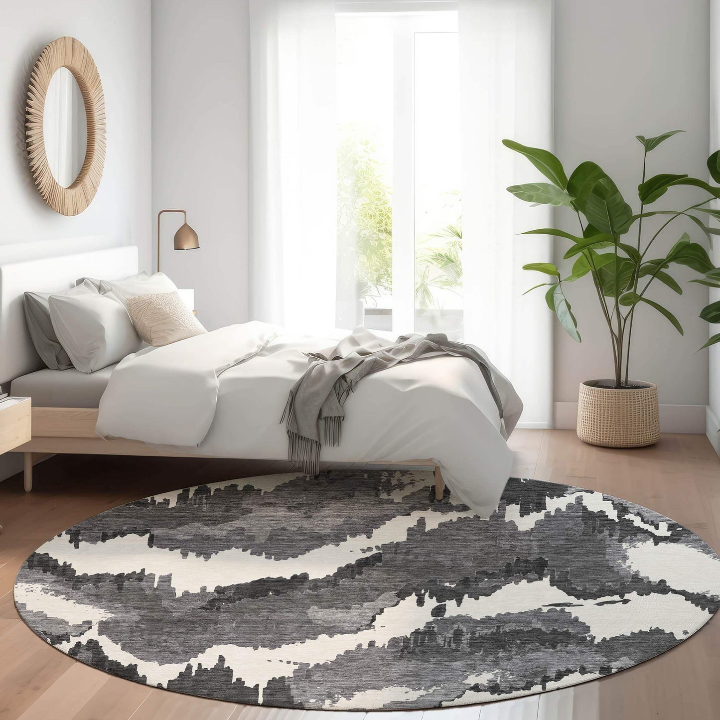8' Black And Ivory Abstract Washable Round Rug With UV Protection - HomeRoots - Flyclothing LLC