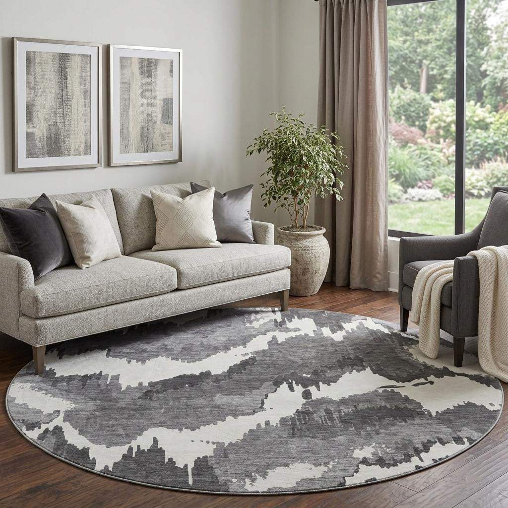 8' Black And Ivory Abstract Washable Round Rug With UV Protection - HomeRoots - Flyclothing LLC