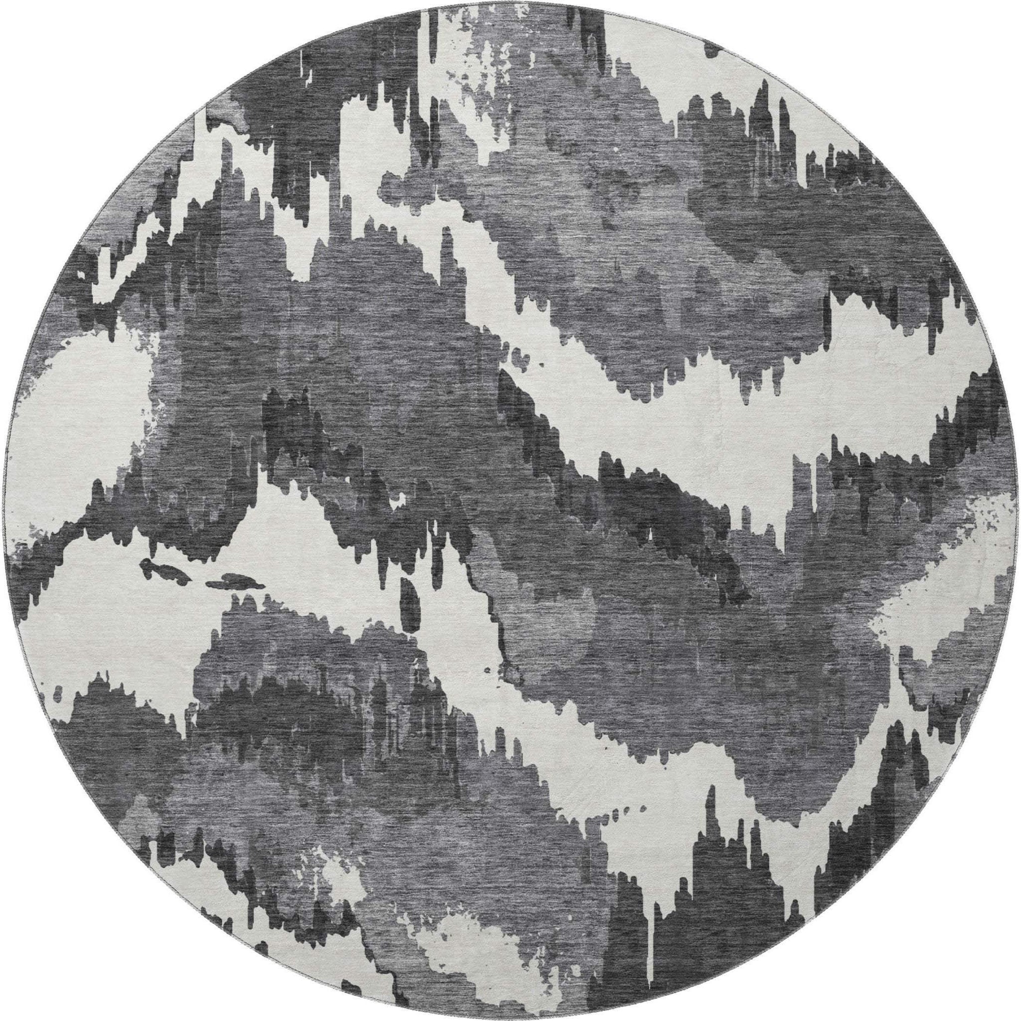 8' Black And Ivory Abstract Washable Round Rug With UV Protection - HomeRoots - Flyclothing LLC