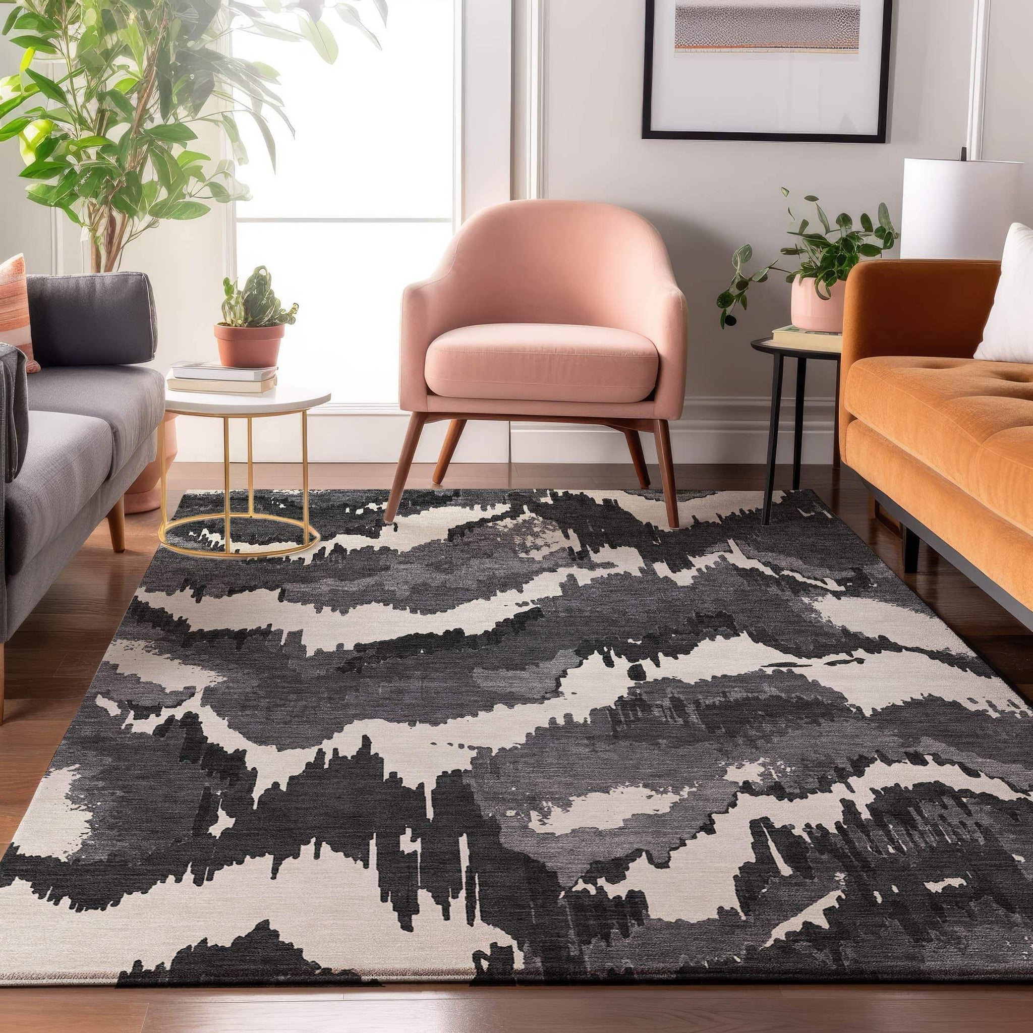 8' X 10' Black And Ivory Abstract Washable Area Rug With UV Protection - HomeRoots - Flyclothing LLC
