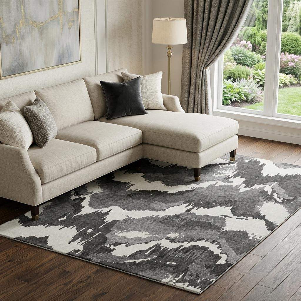 9' X 12' Black And Ivory Abstract Washable Area Rug With UV Protection - HomeRoots - Flyclothing LLC