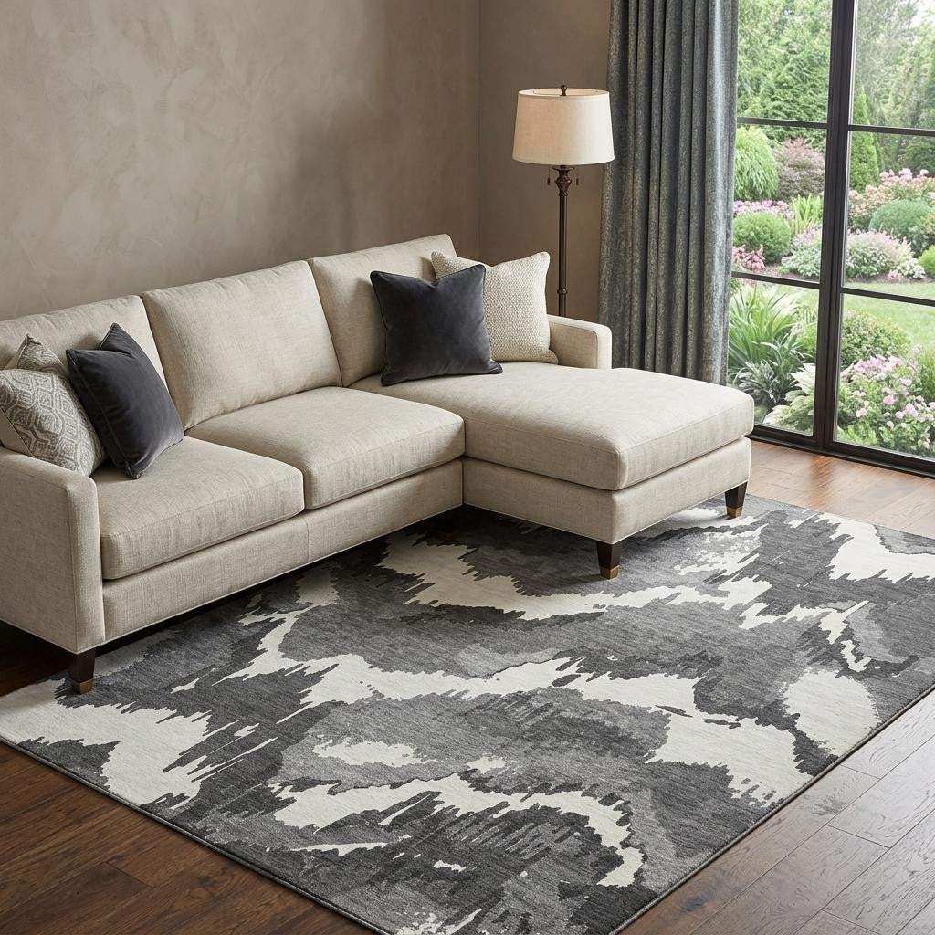 10' X 14' Black And Ivory Abstract Washable Area Rug With UV Protection - HomeRoots - Flyclothing LLC