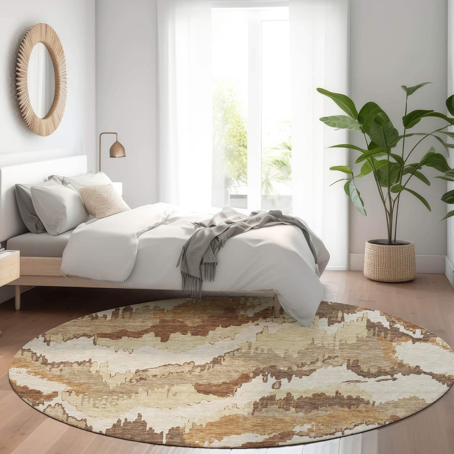 8' Chocolate Ivory And Beige Abstract Washable Round Rug With UV Protection - HomeRoots - Flyclothing LLC