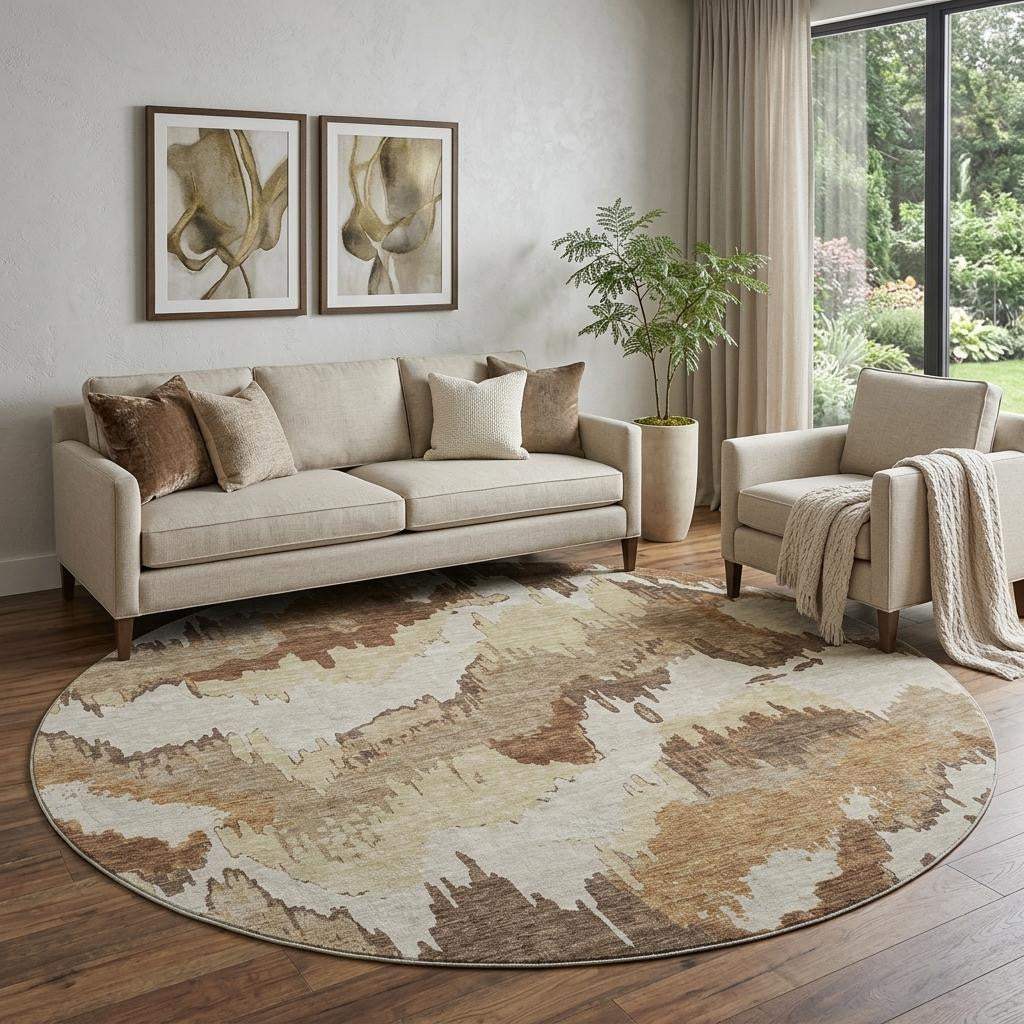 8' Chocolate Ivory And Beige Abstract Washable Round Rug With UV Protection - HomeRoots - Flyclothing LLC