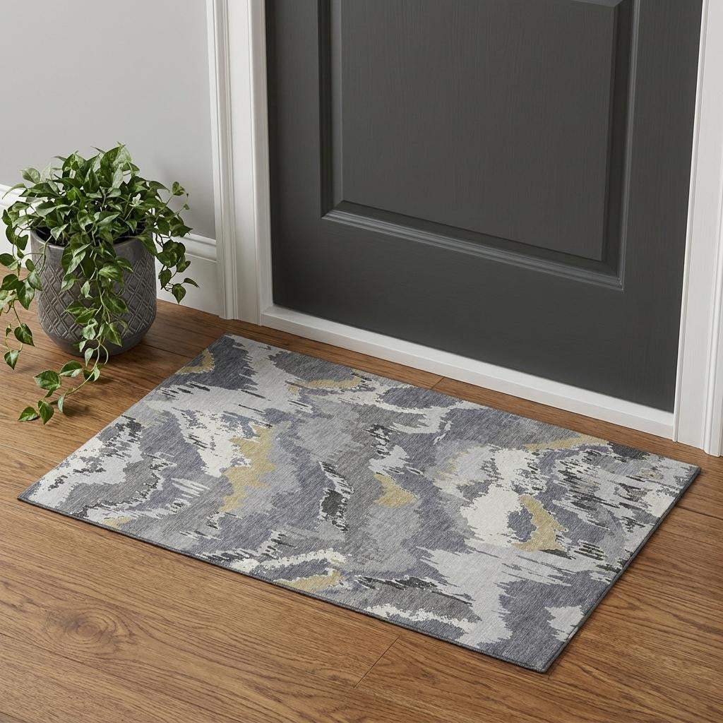 3' X 5' Gray Gold And Ivory Abstract Washable Area Rug With UV Protection - HomeRoots - Flyclothing LLC