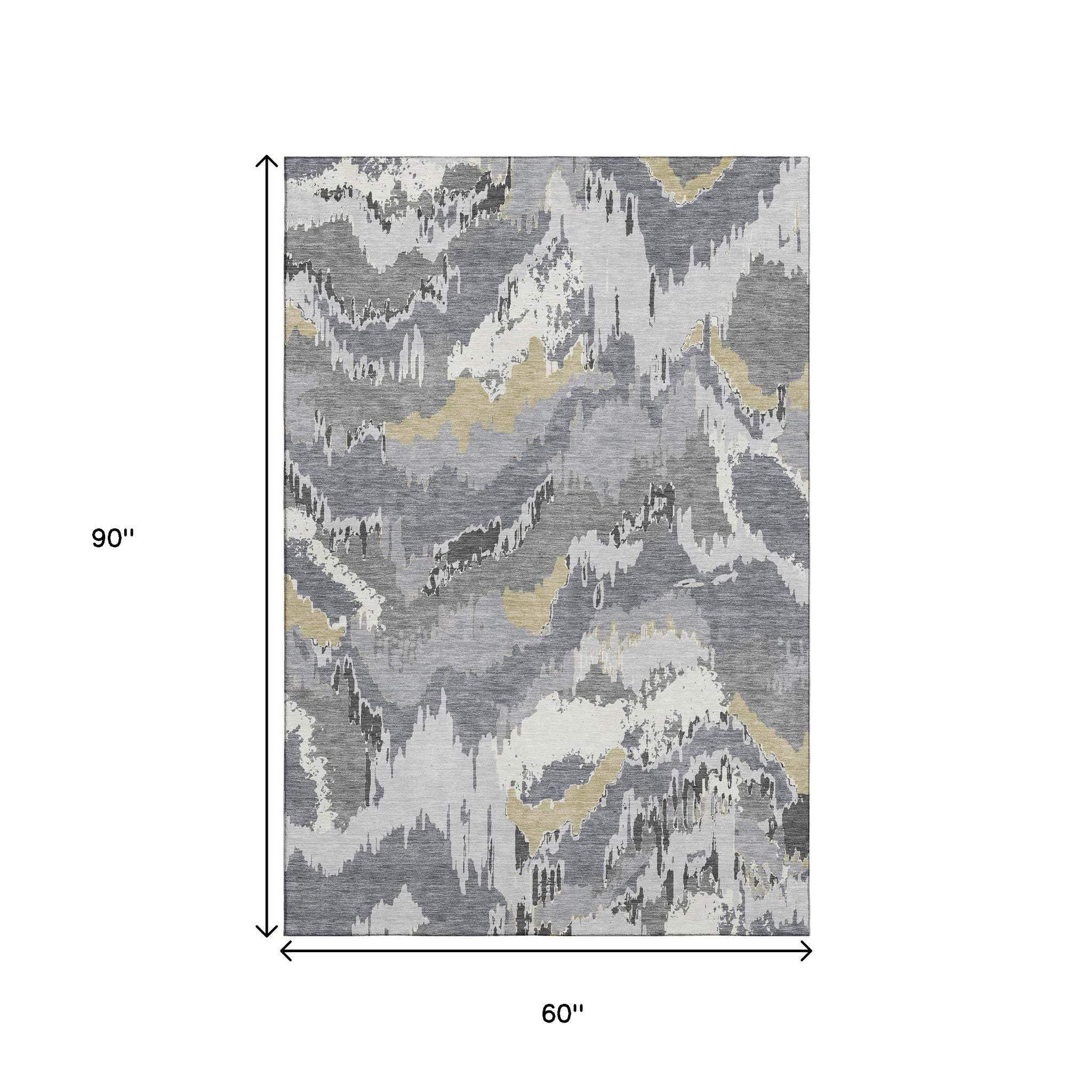 5' X 8' Gray Gold And Ivory Abstract Washable Area Rug With UV Protection - HomeRoots - Flyclothing LLC