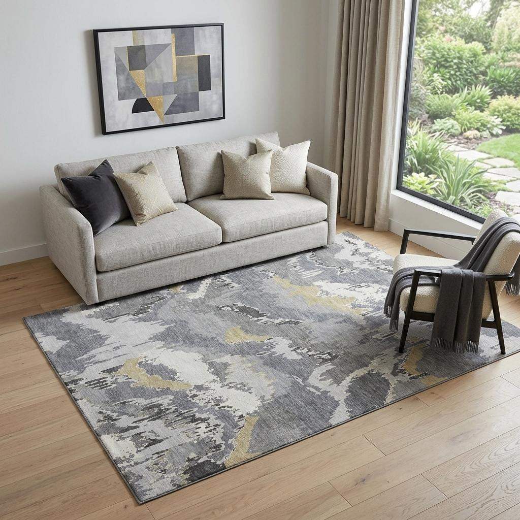 5' X 8' Gray Gold And Ivory Abstract Washable Area Rug With UV Protection - HomeRoots - Flyclothing LLC