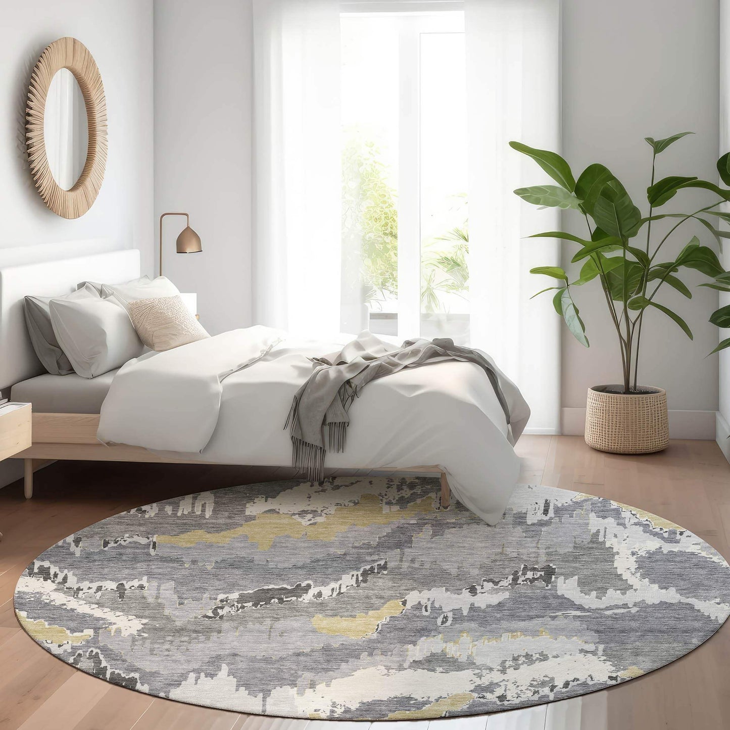 8' Gray Gold And Ivory Abstract Washable Round Rug With UV Protection - HomeRoots - Flyclothing LLC