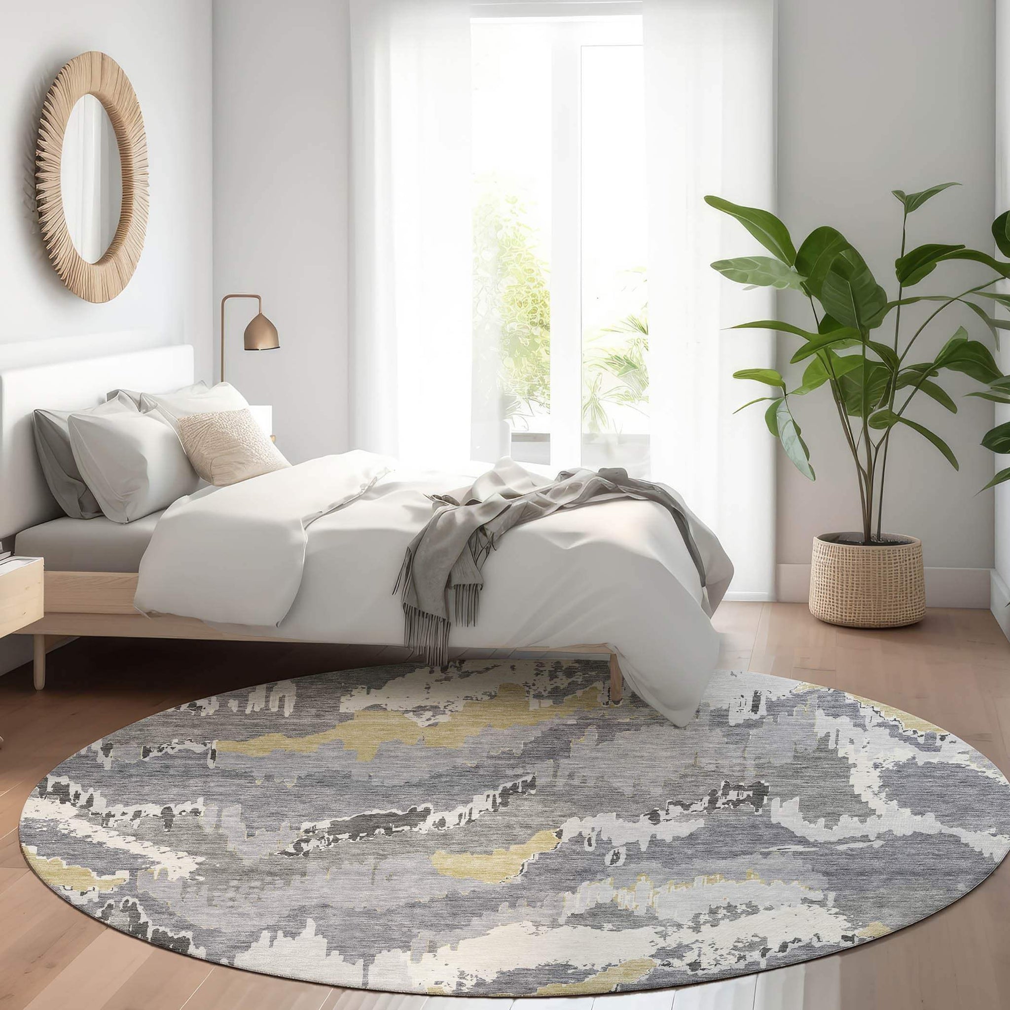 8' Gray Gold And Ivory Abstract Washable Round Rug With UV Protection - HomeRoots - Flyclothing LLC
