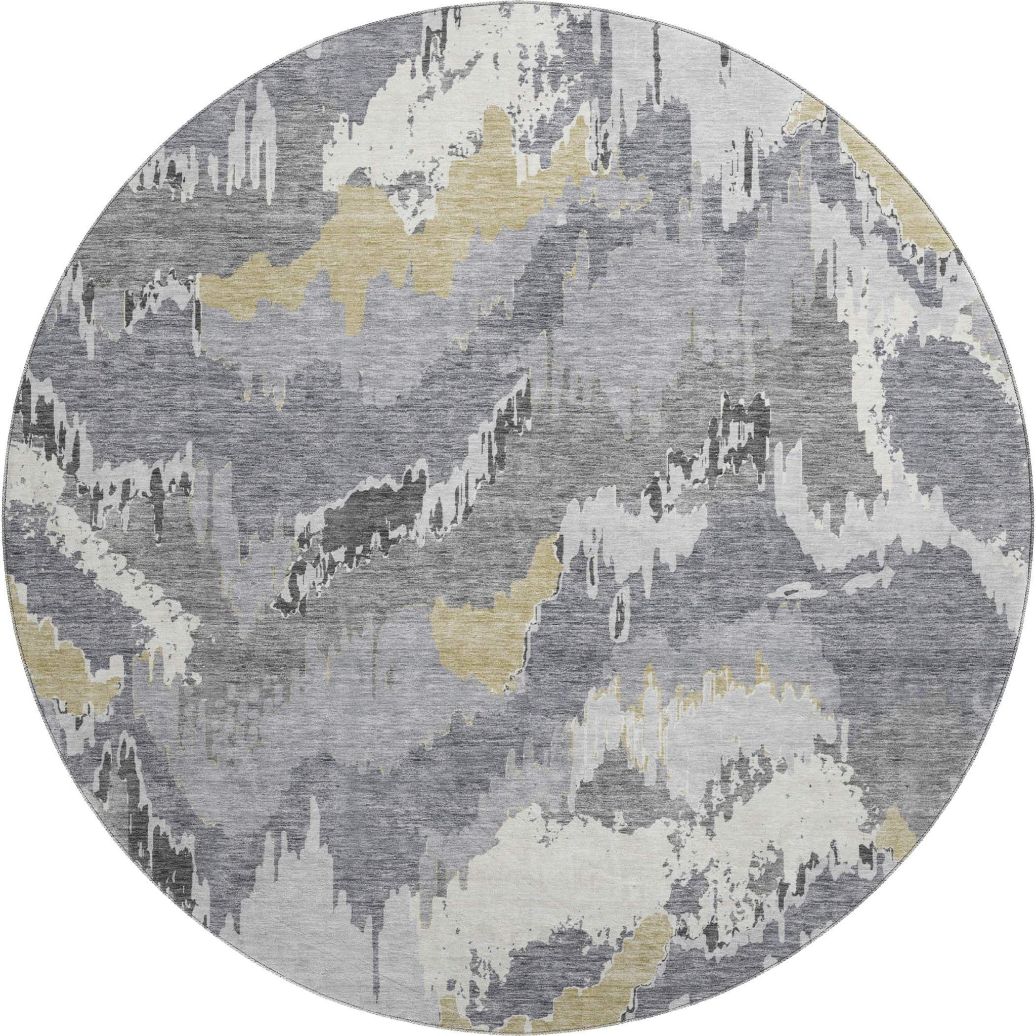 8' Gray Gold And Ivory Abstract Washable Round Rug With UV Protection - HomeRoots - Flyclothing LLC