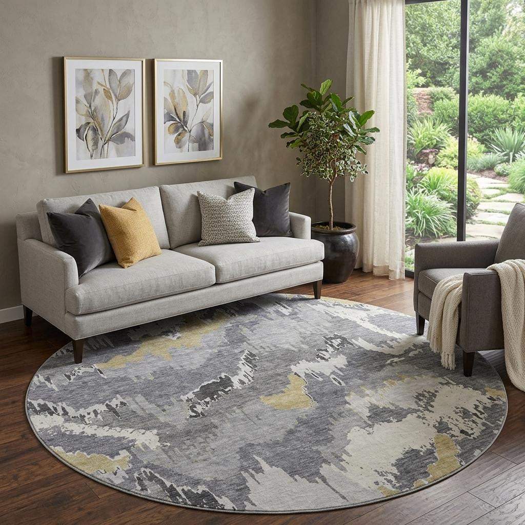 8' Gray Gold And Ivory Abstract Washable Round Rug With UV Protection - HomeRoots - Flyclothing LLC