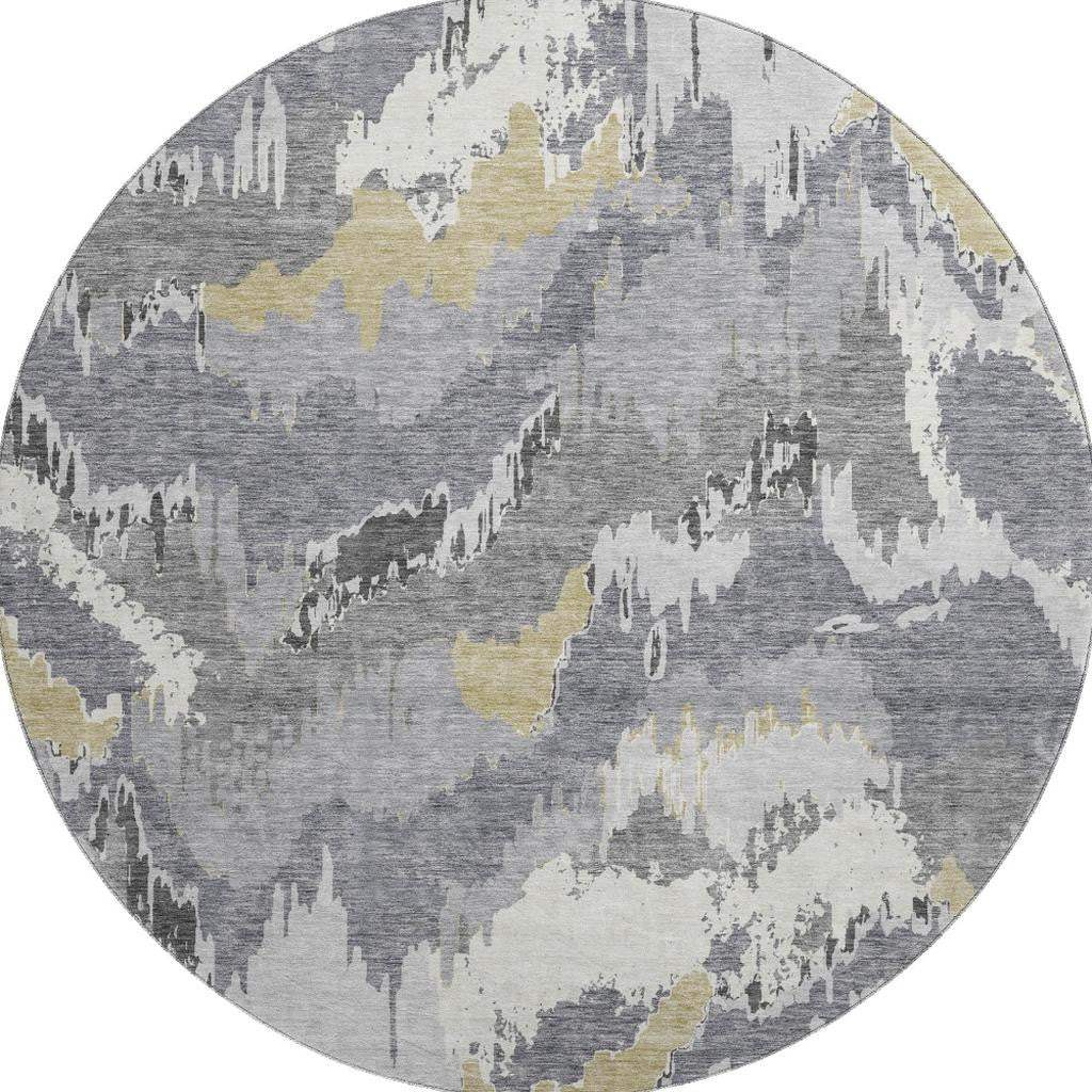 8' Gray Gold And Ivory Abstract Washable Round Rug With UV Protection - HomeRoots - Flyclothing LLC