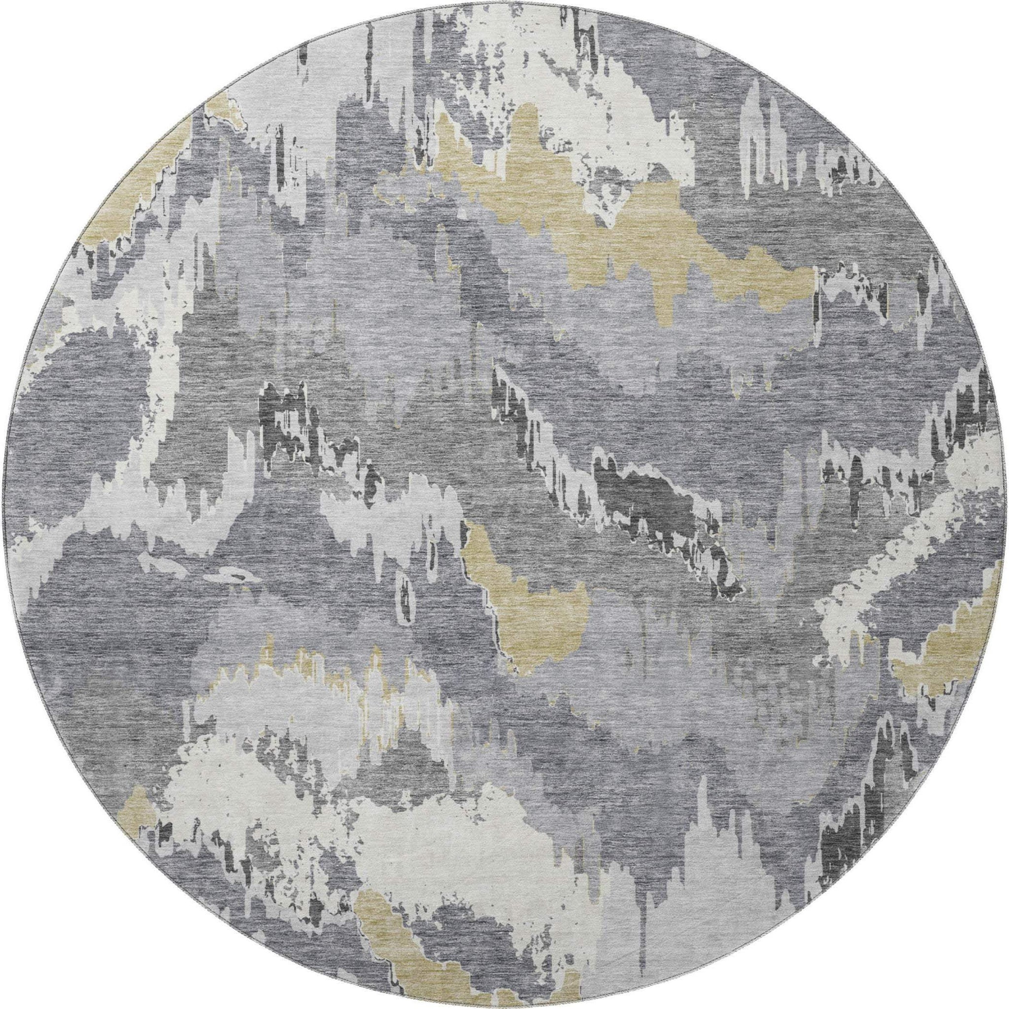 8' Gray Gold And Ivory Abstract Washable Round Rug With UV Protection - HomeRoots - Flyclothing LLC