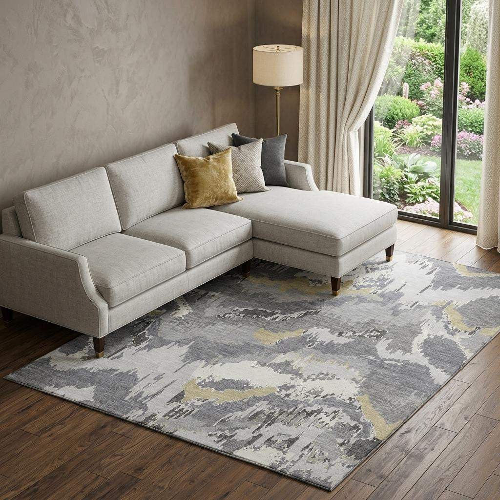 8' X 10' Gray Gold And Ivory Abstract Washable Area Rug With UV Protection - HomeRoots - Flyclothing LLC