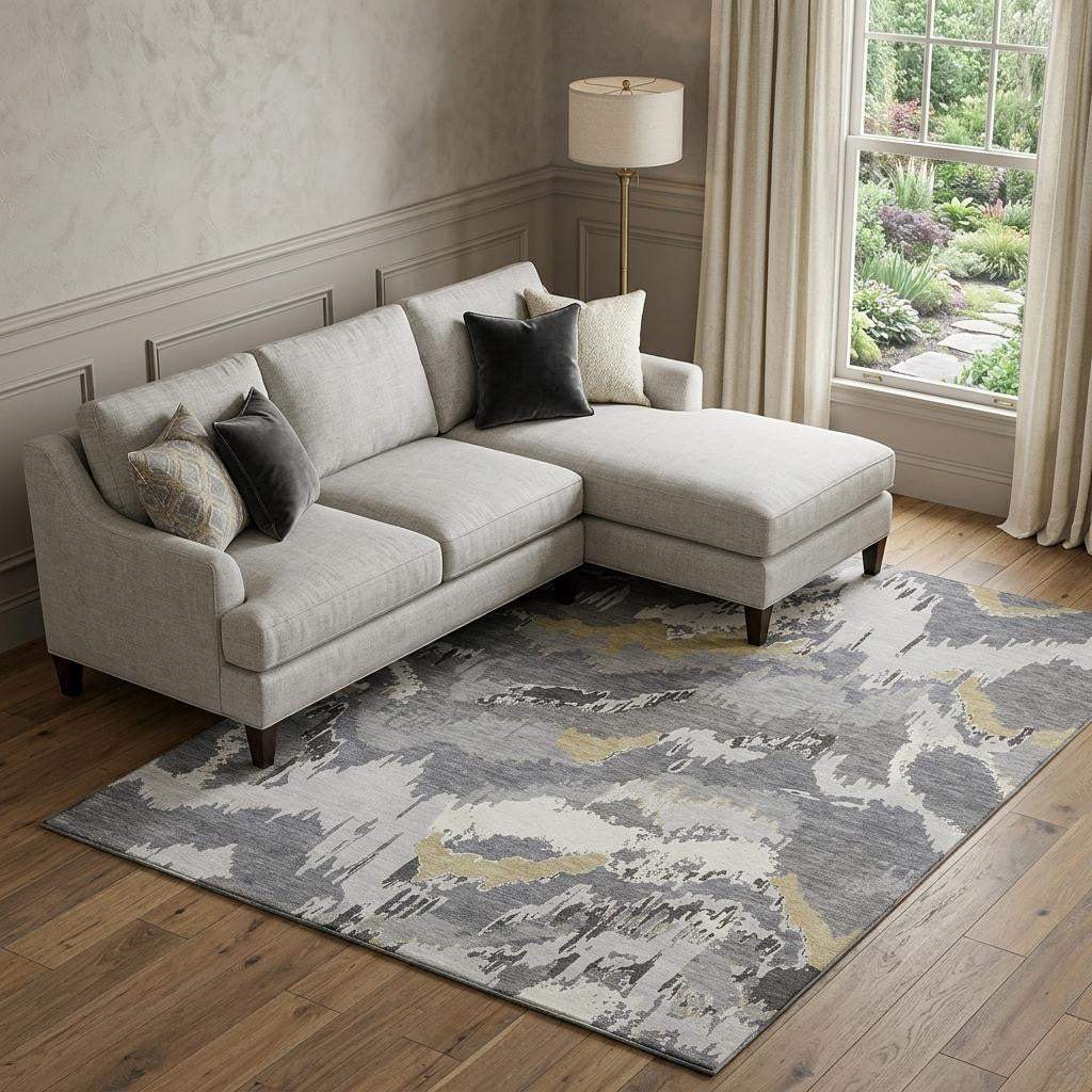 9' X 12' Gray Gold And Ivory Abstract Washable Area Rug With UV Protection - HomeRoots - Flyclothing LLC
