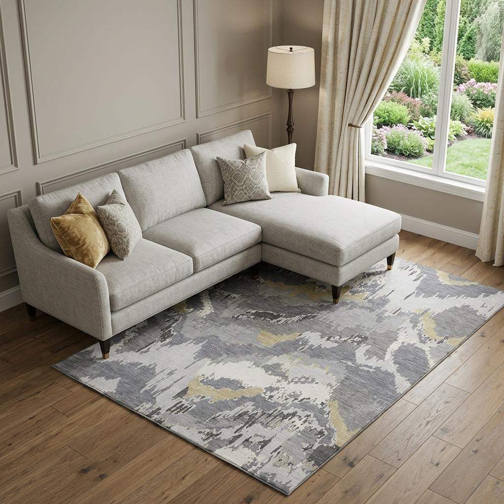 10' X 14' Gray Gold And Ivory Abstract Washable Area Rug With UV Protection - HomeRoots - Flyclothing LLC