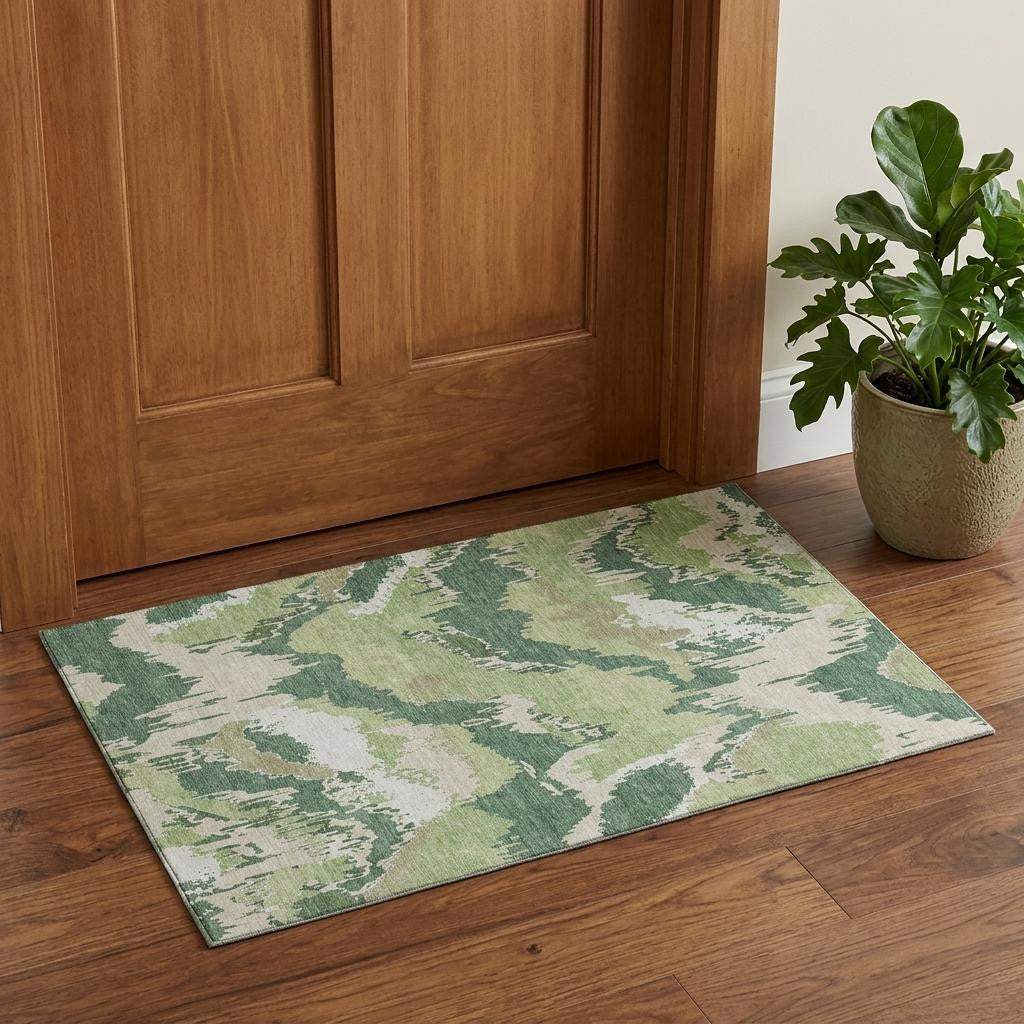 3' X 5' Green Ivory And Beige Abstract Washable Area Rug With UV Protection - HomeRoots - Flyclothing LLC