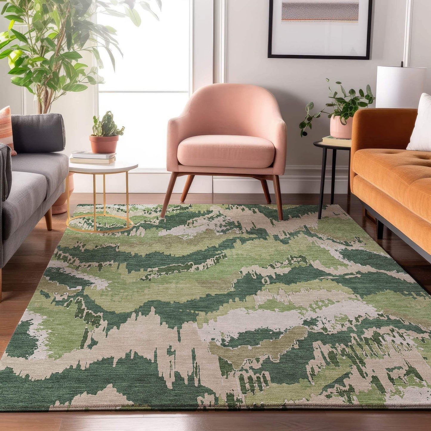 5' X 8' Green Ivory And Beige Abstract Washable Area Rug With UV Protection - HomeRoots - Flyclothing LLC