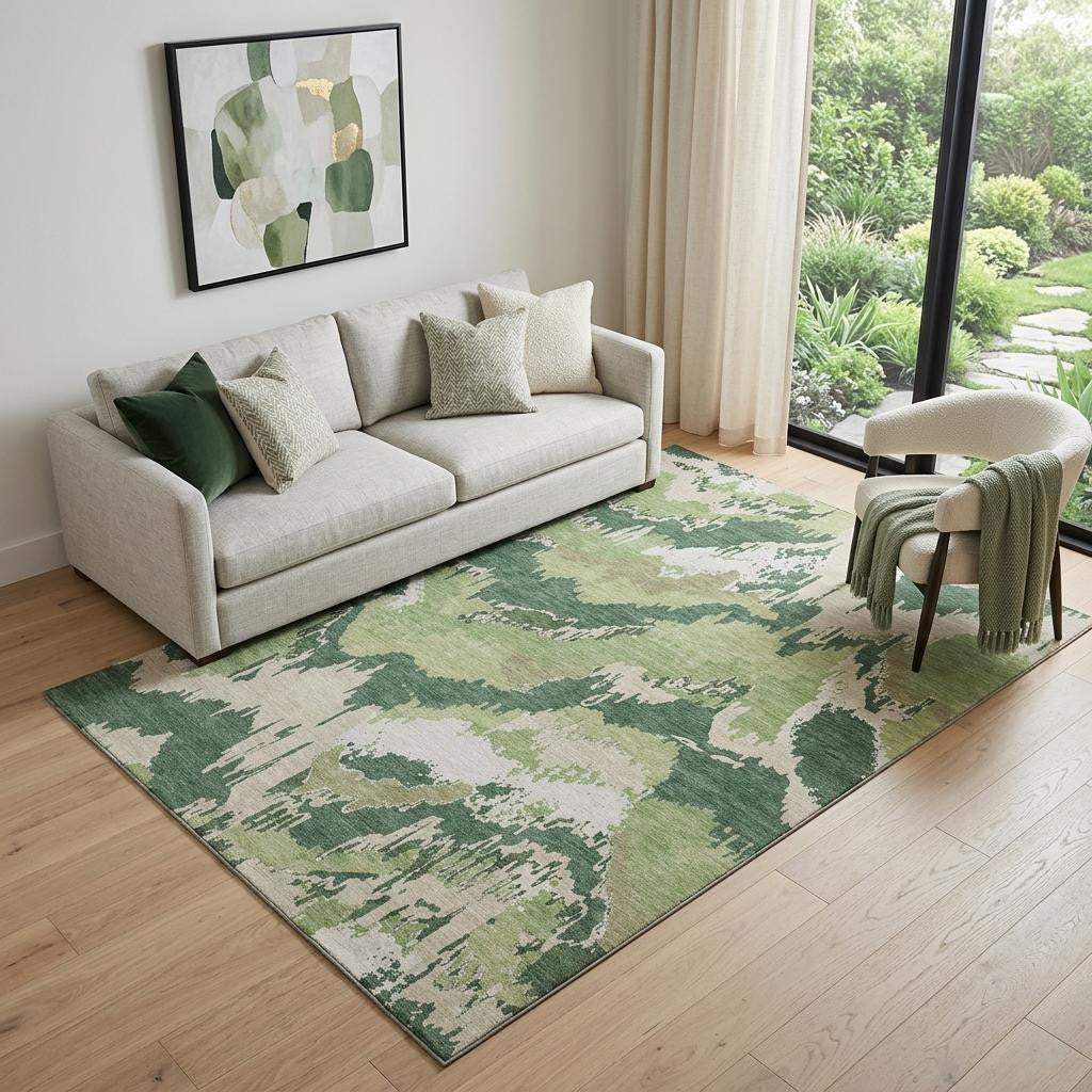 5' X 8' Green Ivory And Beige Abstract Washable Area Rug With UV Protection - HomeRoots - Flyclothing LLC