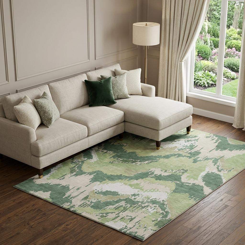 8' X 10' Green Ivory And Beige Abstract Washable Area Rug With UV Protection - HomeRoots - Flyclothing LLC