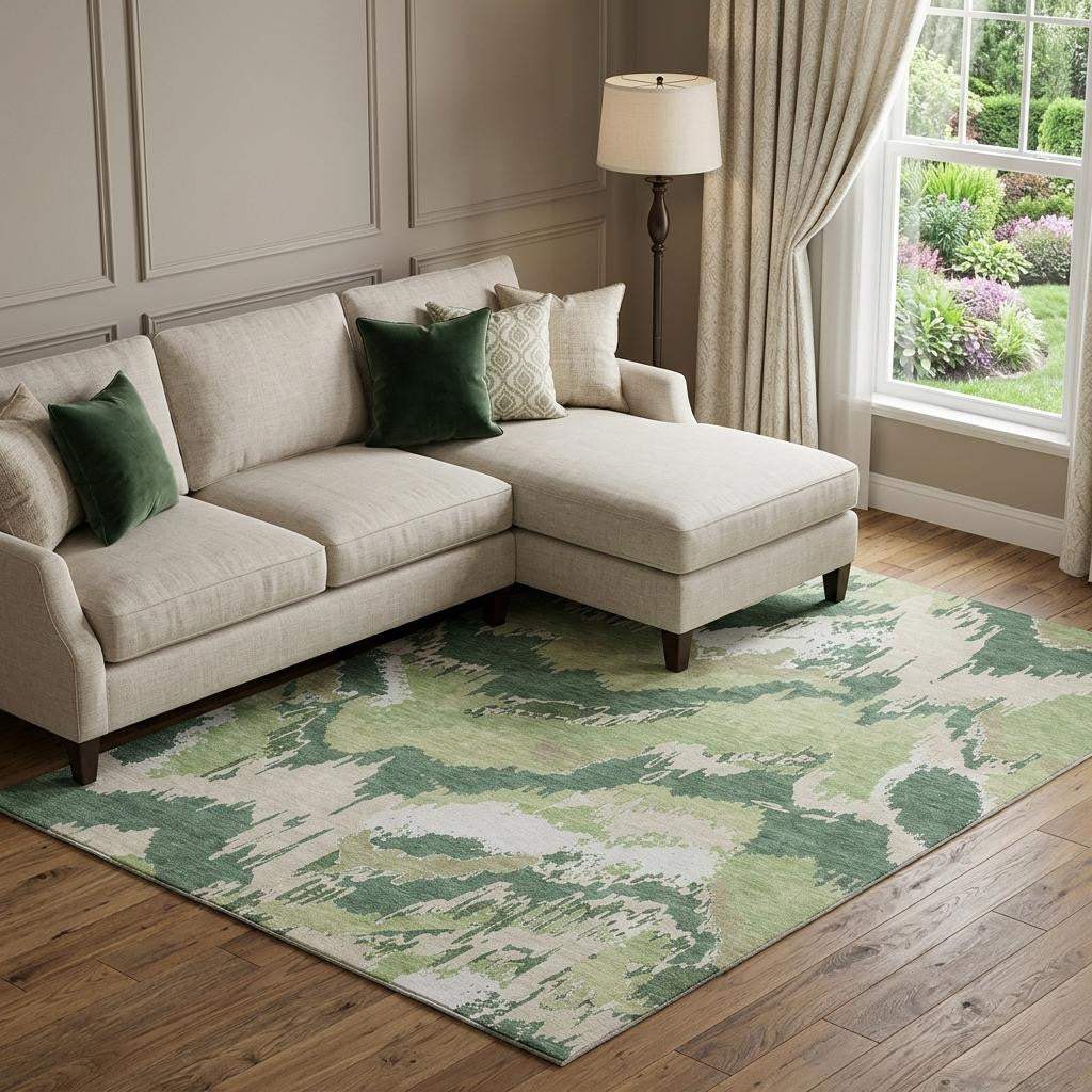 9' X 12' Green Ivory And Beige Abstract Washable Area Rug With UV Protection - HomeRoots - Flyclothing LLC