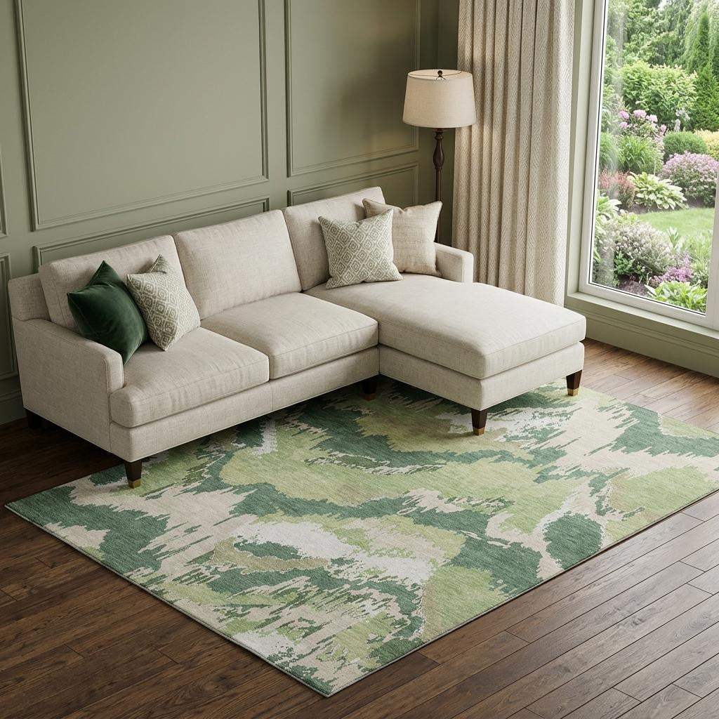 10' X 14' Green Ivory And Beige Abstract Washable Area Rug With UV Protection - HomeRoots - Flyclothing LLC
