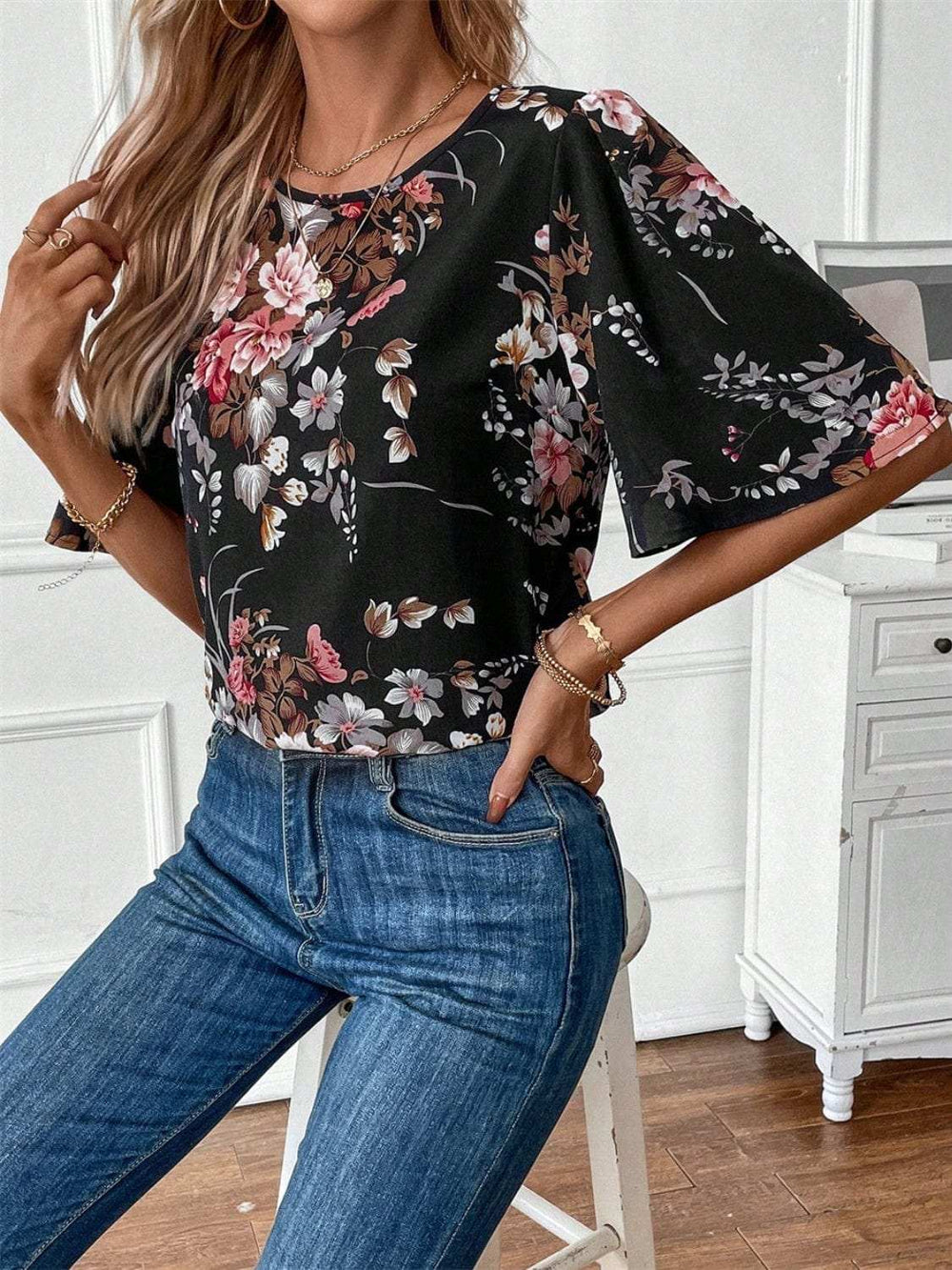 Floral Round Neck Half Sleeve Blouse - Trendsi - Flyclothing LLC