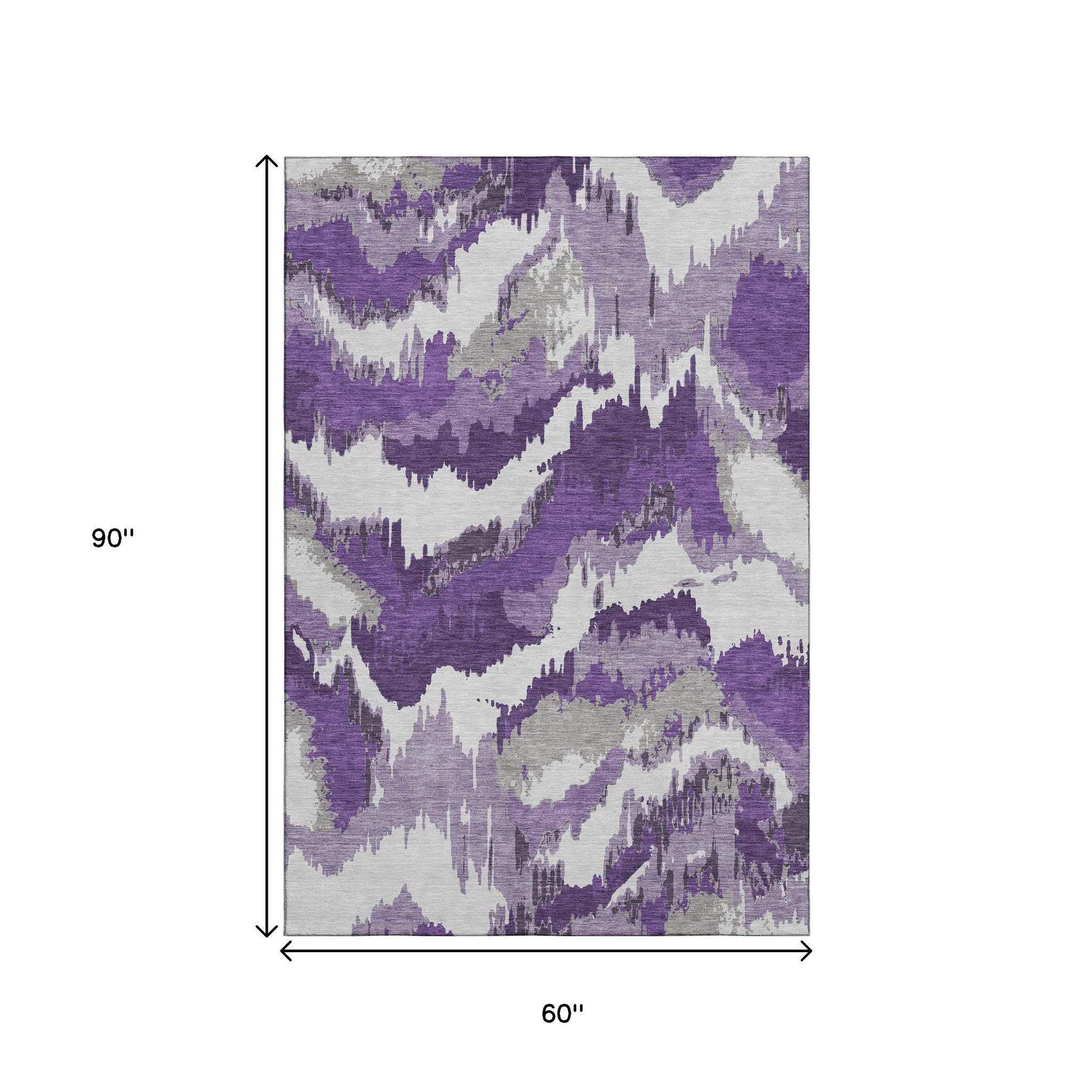 5' X 8' Purple Ivory And Gray Abstract Washable Area Rug With UV Protection - HomeRoots - Flyclothing LLC
