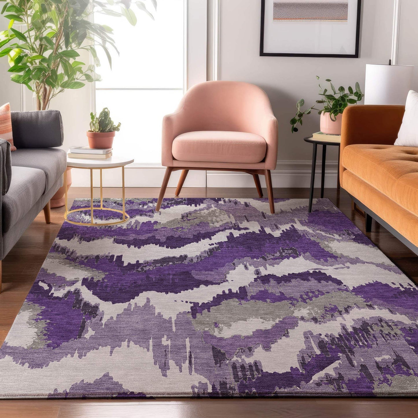 5' X 8' Purple Ivory And Gray Abstract Washable Area Rug With UV Protection - HomeRoots - Flyclothing LLC