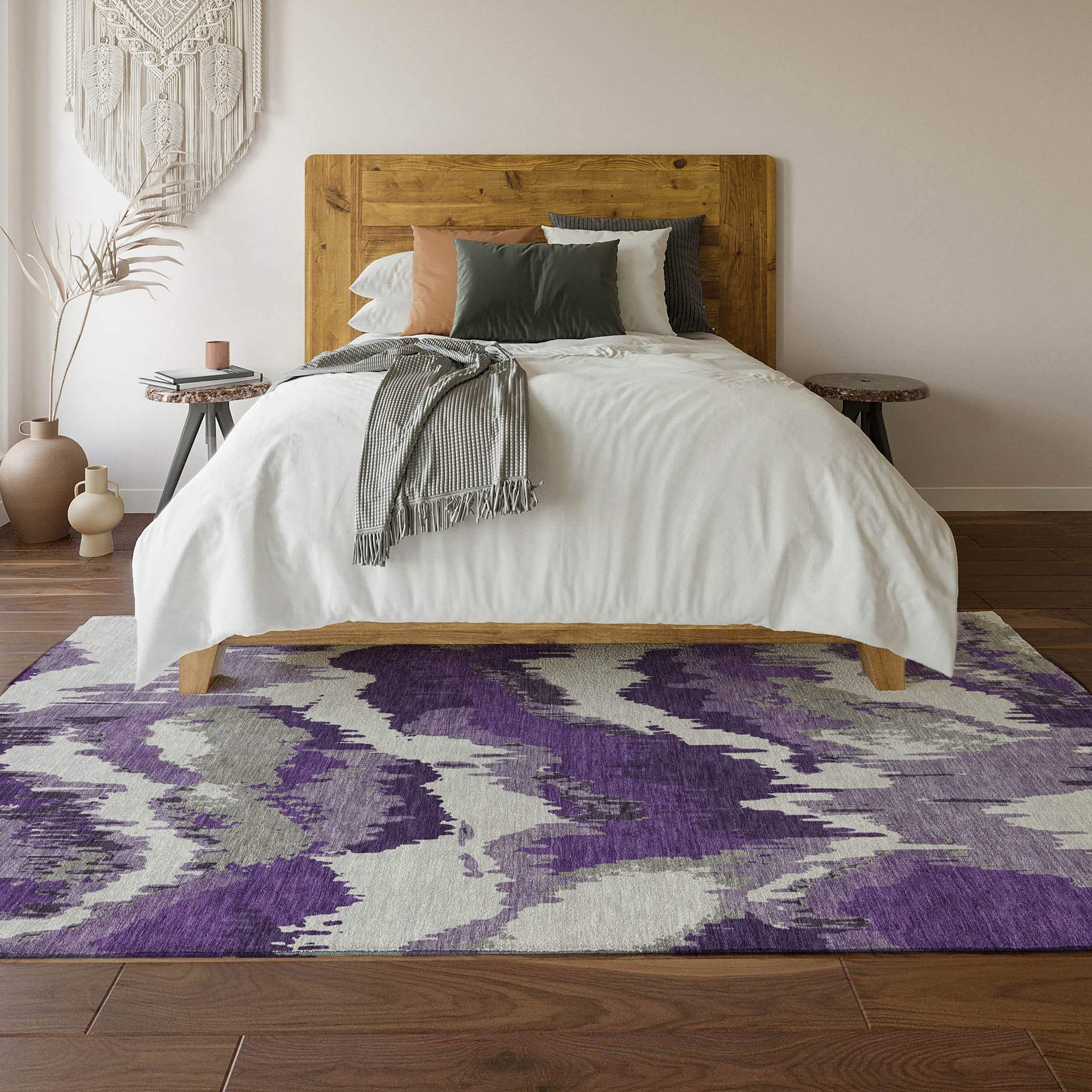 5' X 8' Purple Ivory And Gray Abstract Washable Area Rug With UV Protection - HomeRoots - Flyclothing LLC